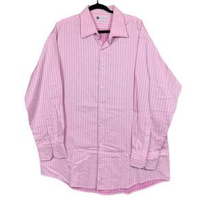 Bachrach‎ Button Down Shirt Pink Stripe Contrasting Cotton Size XL 18 34-35